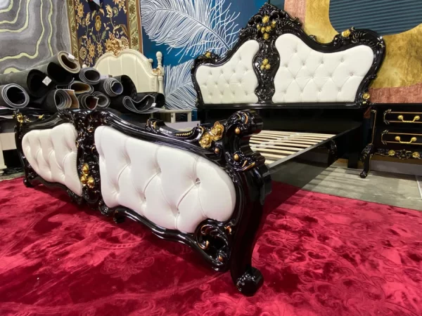 3058 Luxury Royal Black Frame White Nappa Leather Upholstered Gold lining Bedroom Set