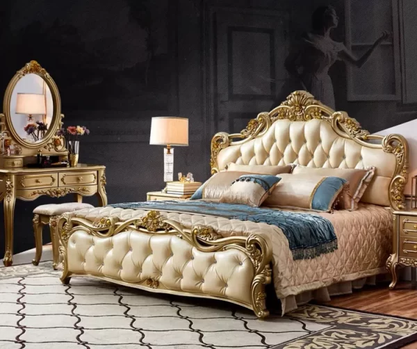 X01 European style Luxurious Gold/Cream Tufted Rococo 7 Pieces Bedroom Set