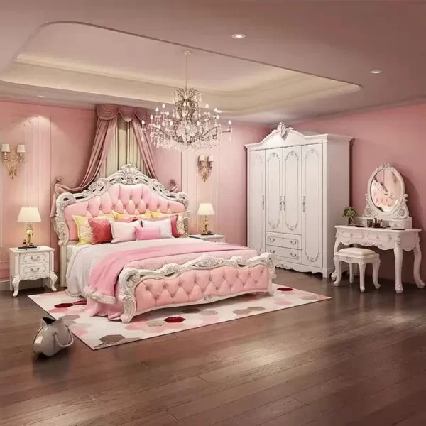 X01 European Luxurious Cream White/Pink 7 Pieces Bedroom Set